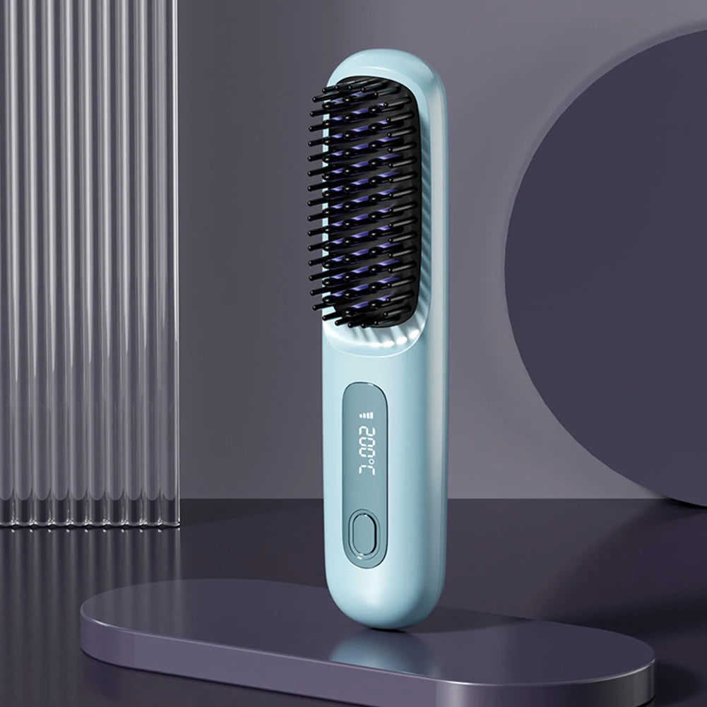 Hair Straightener Brush USB Rechargeable Cordless Negative Ions Hot Brush Electric Fluffy Curly Hair Styling Detangling Comb